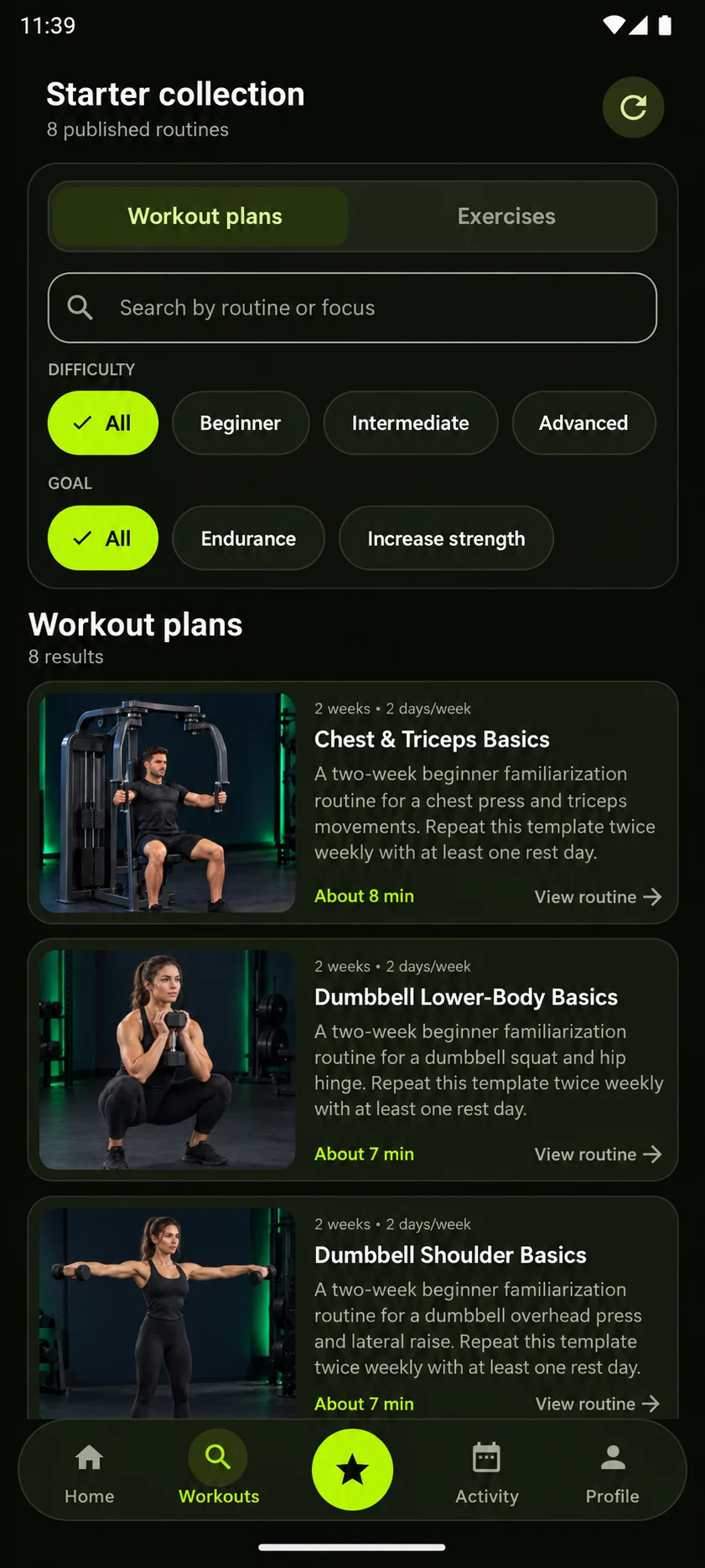 GemFit workout library with search, filters, and workout plans