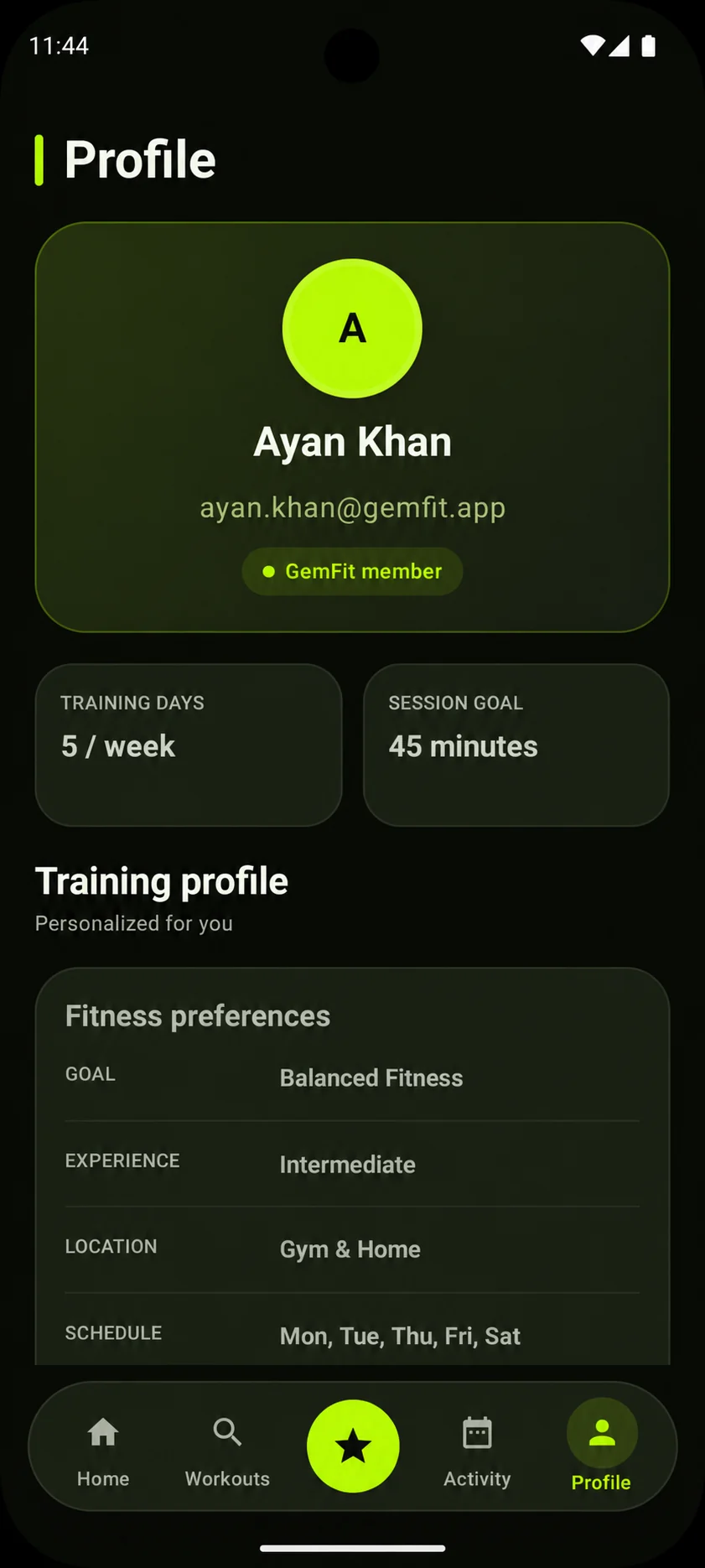 GemFit profile screen with training preferences and session goals