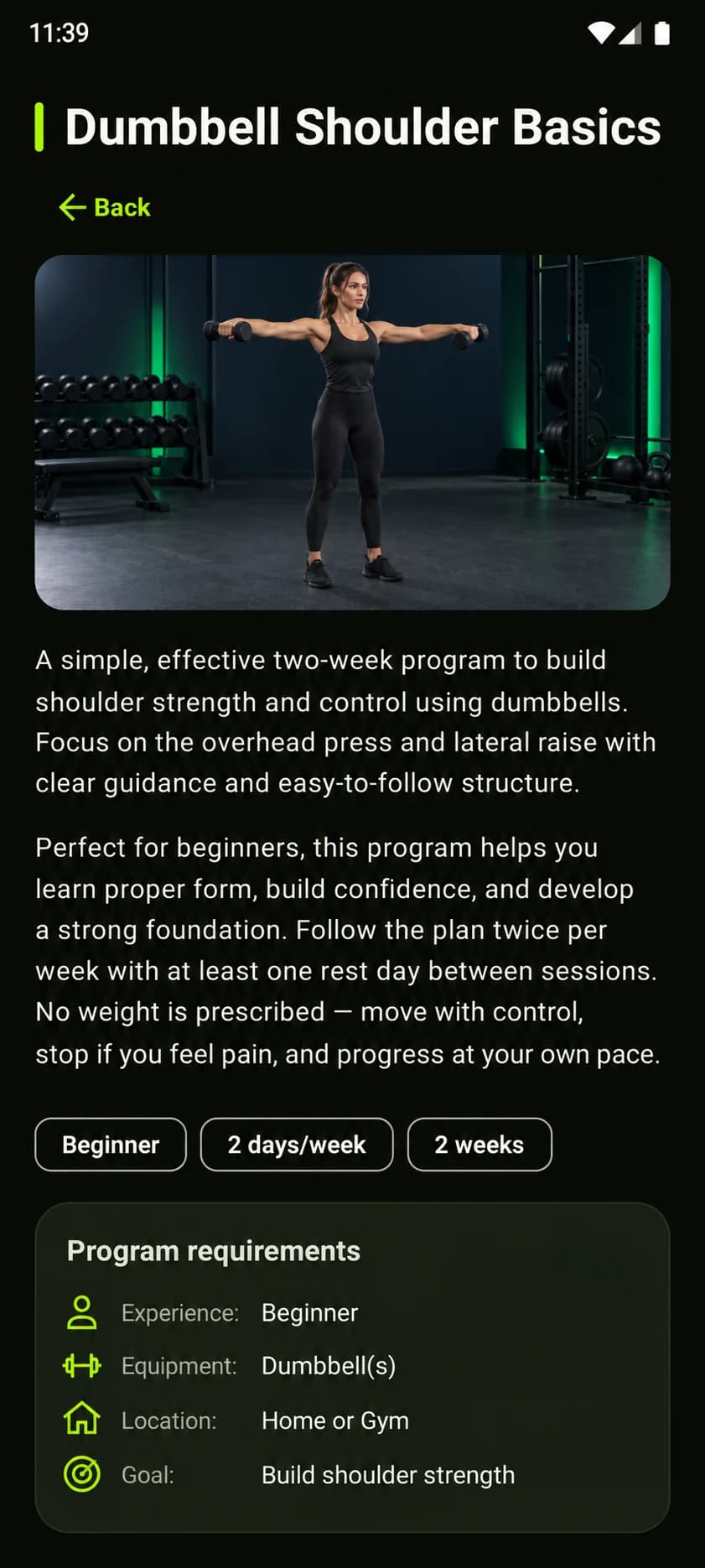 GemFit workout detail page describing a dumbbell shoulder routine